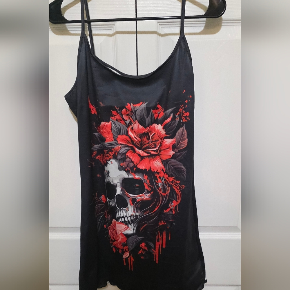 Black Tank Top with Red Floral Skull Graphic
